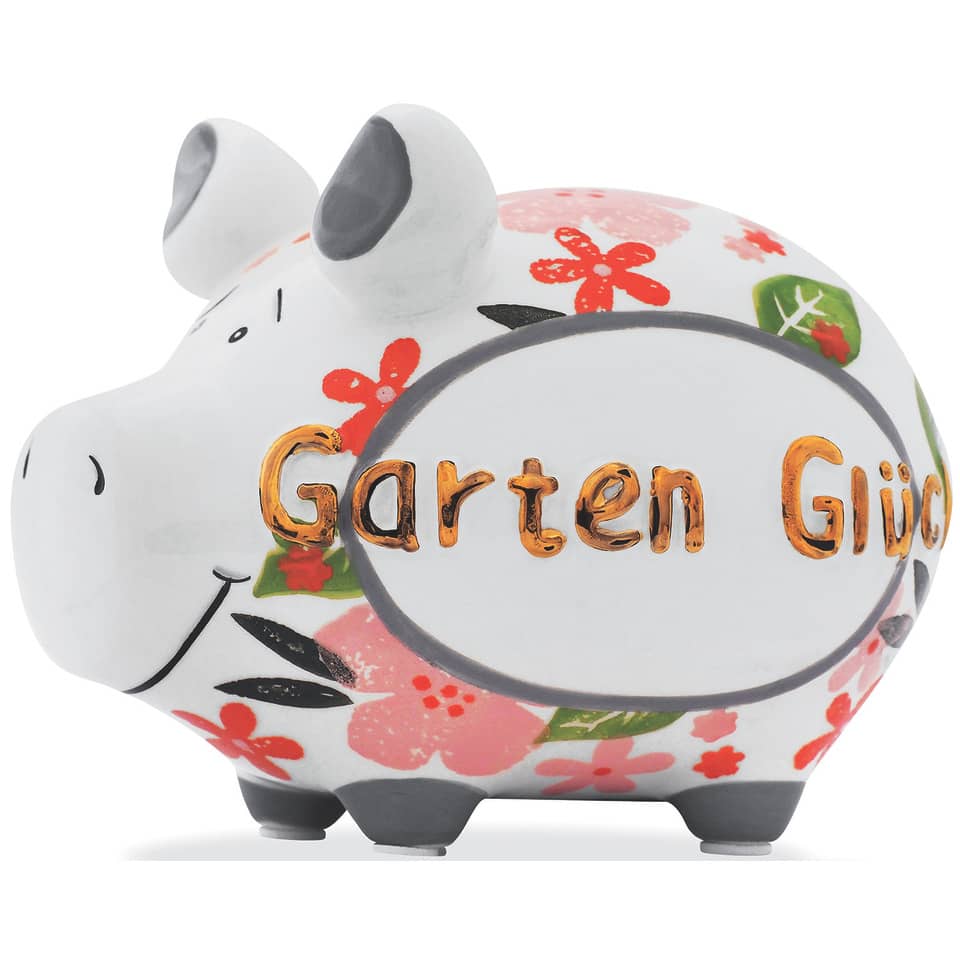 Spardose Schwein "Gartenglück" - Keramik, Gold-Edition, klein