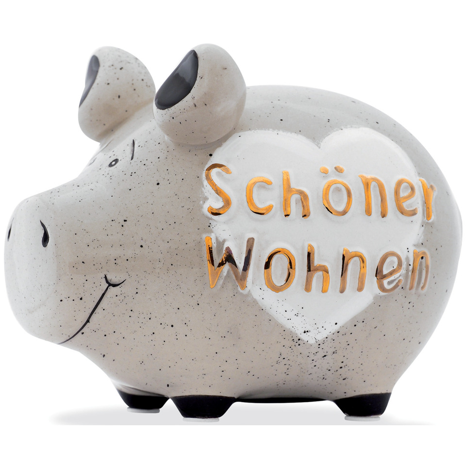 Spardose Schwein "Schöner Wohnen" - Keramik, Gold-Edition, klein