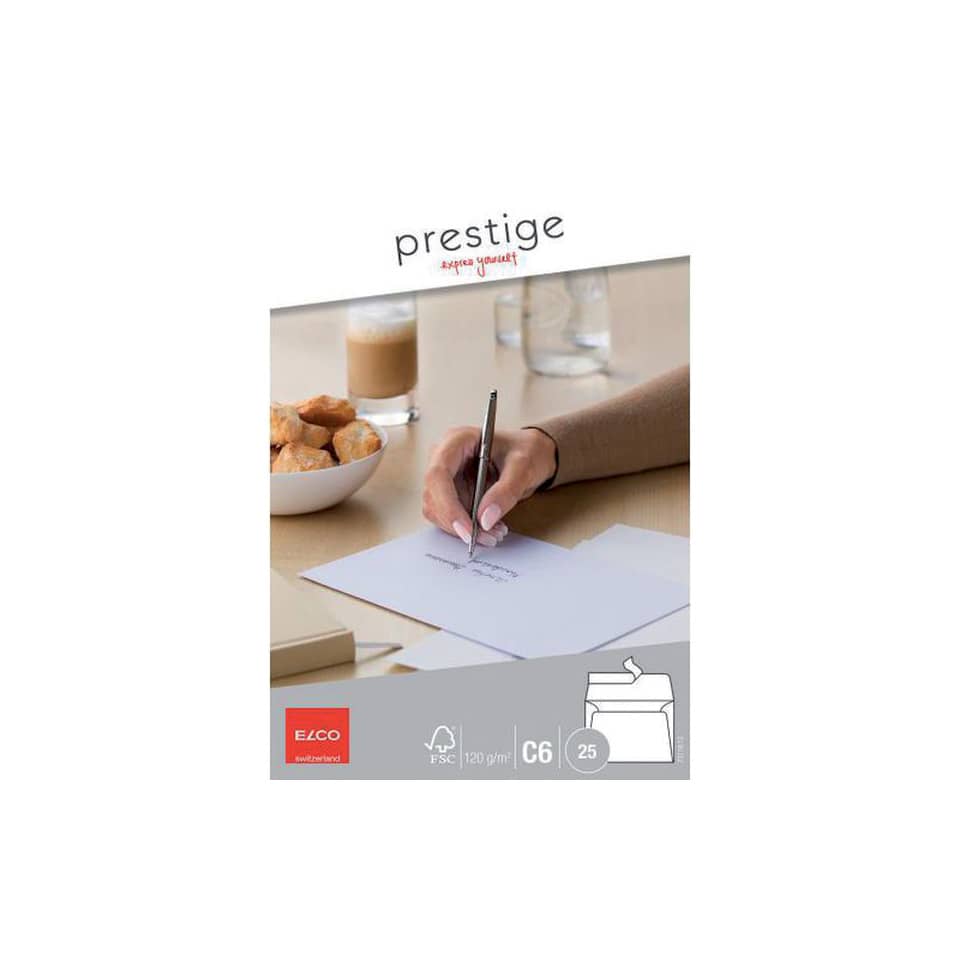 Briefumschlag Prestige - C6, hochweiß, Haftklebestreifen, ohne Fenster, 120 g/qm, 25 Stück